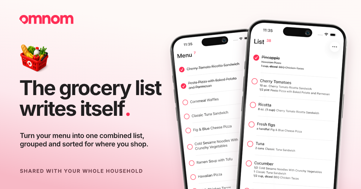 Omnom turns a household menu into one combined, store-sorted grocery list.